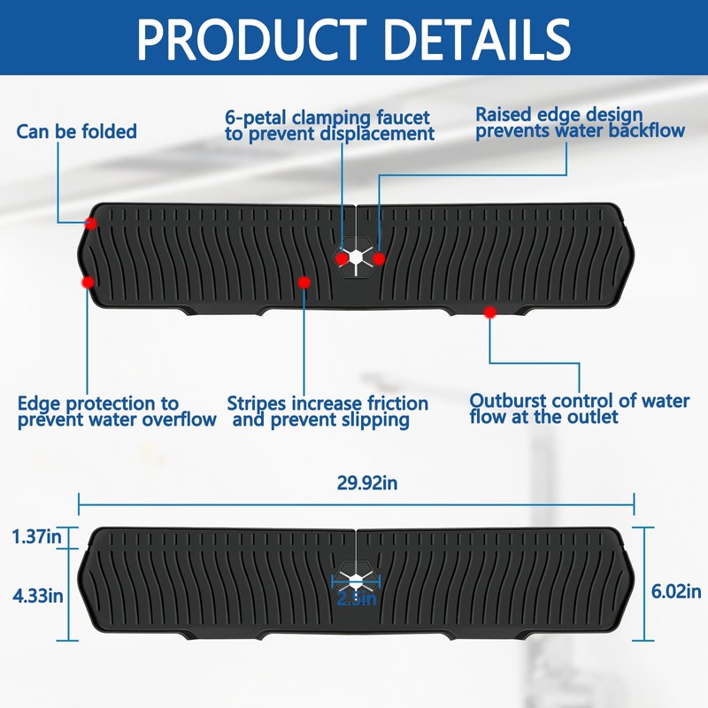 Kitchen Sink Splash Guard Gen2-30" x 6'' Silicone Sink Mat