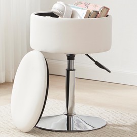 RUCUKEN Adjustable Ottoman Stool White Vanity Stool Vanity Chair for Makeup Room Stool Chair for Vanity Stool with Storage Makeup Stools with Storage Swivel Makeup Chair for Bathroom Faux Leather