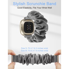 Wearlizer Compatible with Versa 3 Straps/Versa 4 Strap for Women, Scrunchie Bands Stretchy Bracelets Elastic Breathable Wristbands Replacement Strap for Sense/Sense 2 Smartwatch(Black/Gray, S)