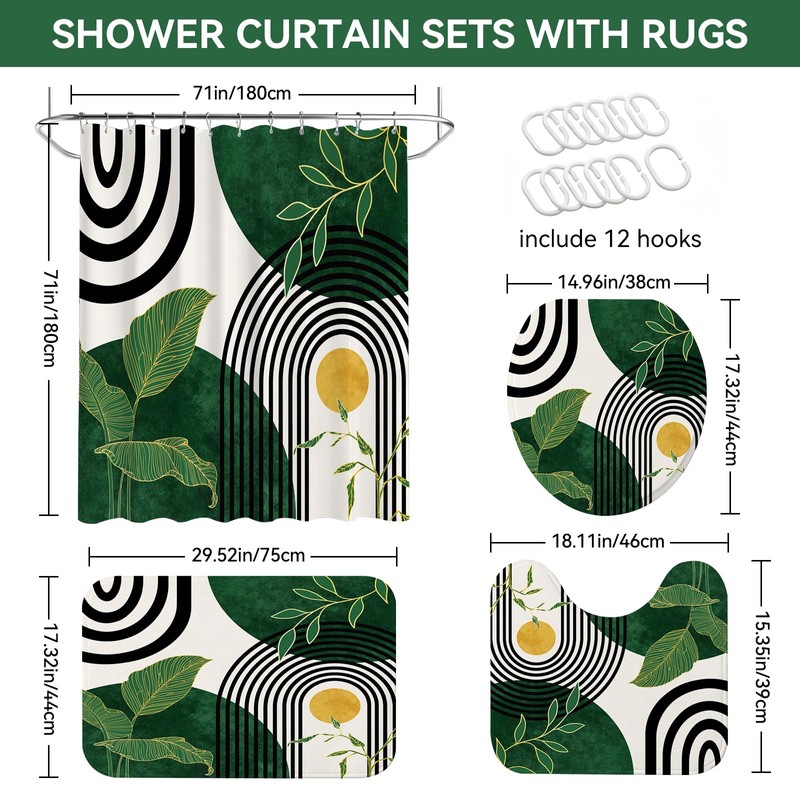 4Pcs Green Bathroom Sets with Shower Curtain and Rugs, Mid