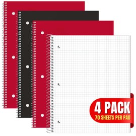 1InTheOffice Graph Paper Notebook, Spiral Paper Notebook, Quad Ruled 8"" x 10.5"", 5 Squares Per Inch, 70 Sheets/Pack, 4 Pack