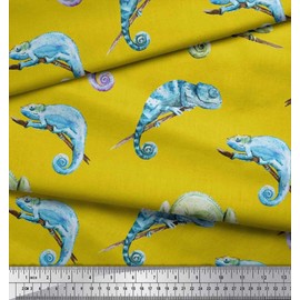 Soimoi Yellow Velvet Fabric Chameleon Reptile Print Fabric by The Yard 58 Inch Wide