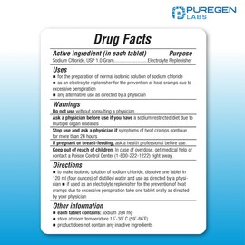 Puregen Labs Sodium Chloride Tablets 1 gm (1000 mg), USP | (15.4gr.) | 100 Count | Normal Salt Tablets | Made in USA | Electrolytes Replenisher Hydration Drink