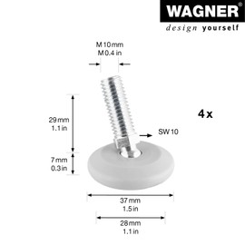 WAGNER Set of 4 Adjustable Foot / Levelling Feet with Ball Joint Diameter 37 mm, Grey, Threaded Screw M10 x 25 mm, Furniture Glides - Plastic Black - Included, Diameter 30 mm - Made in DE - 15434104