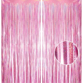 2pcs 3.2 x 8.3ft Glitter Pink Tinsel Curtain Foil Curtain Decorations Pink Girls Foils Fringe Party Streamers Curtain Photo Backdrop Decoration for Birthday Wedding School Holiday Hen Party Backdrop