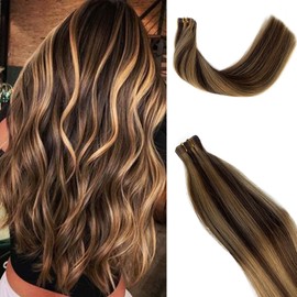 Highlights Tape in Hair Extensions Human Hair Balayage Medium Brown and Strawbery Blonde Remy Hair 18inches 20pcs 40g/pack Soft Silk Straight Seamless Skin Weft Blonde Tape in Human Hair Glue in