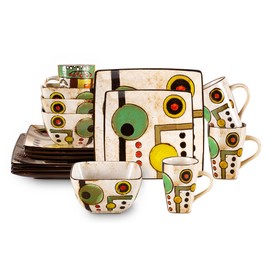 HomeVss, Stoneware Artisan Hand Painted Impressionism Pond, Reactive Glaze 16pc Dinnerware Set