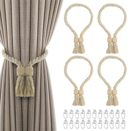 Pack of 4 Magnetic Curtain Tiebacks with 20 Curtain Gliders, Drawstring Magnetic Curtain Tiebacks, Wooden Boho Curtain Tiebacks Handmade Curtain Cotton Rope Tiebacks for Curtain Decoration (Beige)
