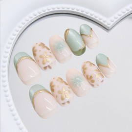 French Tip Press on Nails Oval Short Fake Nails with Designs Gold Flower Gel Glue on Nails Summer Acrylic Nails Green Glitter Artificial Nails Kit Full Cover Stick on Fingernails for Women