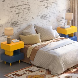 Cubehom Nightstand Set of 2 Modern Nightstand End Side Table wih Large Storage Space Bedside Table for Bedroom, Living Room and Playroom, Yellow & Blue