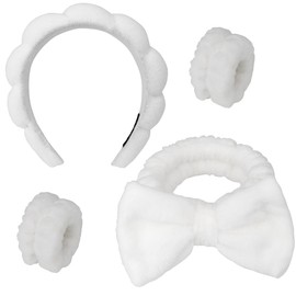 4PCS Spa Headband Hairband & Wristband Set Bow-tie Hairband with Buckled Hair Band Wrist Washband Terry Towel Cloth Headband for Washing Face Makeup Removal Skincare White