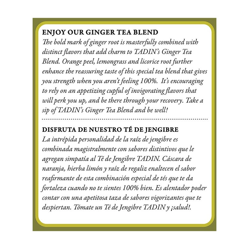 Tadin Ginger Herbal Tea Blend. Caffeine Free. 24 Tea Bags.
