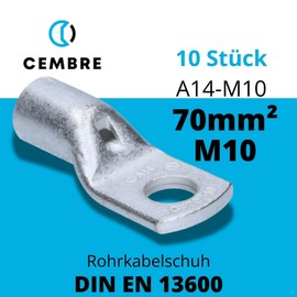 Cembre A14-M10 Tubular Cable Lug 70 mm² M10 Uninsulated Tin-Plated Copper Pack of 10