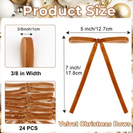 24Pcs Velvet Ribbon Bows for Christmas Tree - Vintage Decor, Door Garland, Wreath Decorations, Home & Wedding Decoration - Clear Twist Tie, 5x7 Inch, 3/8'' Width Camel