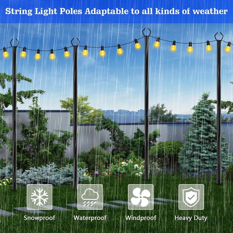 6 Pack String Light Poles,10 Ft Metal Poles with Fork
