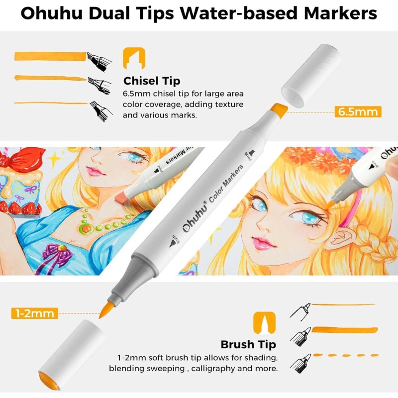 Ohuhu Markers 60 Colors Water-based Chisel & Brush Art Markers