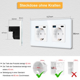 CNBINGO Flush-Mounted Double Socket, 2 x USB-A/C Quick Charge, Glass White
