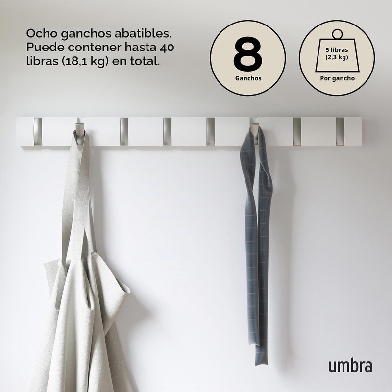 umbra 318858-660 Flip 8 Hook, 8 ganchos, Blanco