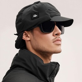 Croogo Bomber Trapper Hat Warm Flat Brim Baseball Caps Winter Hats for Men Trucker Dad Hat with Fold Earmuffs,Black-APL3