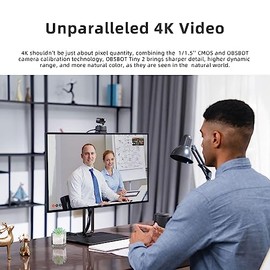 OBSBOT Tiny 2 PTZ 4K - Webcam de 1/1,5" CMOS 4X, Enfoque más rápido, USB 3.0, transmisión de Datos 10 Veces más rápida, Control por Voz, con minitrípo