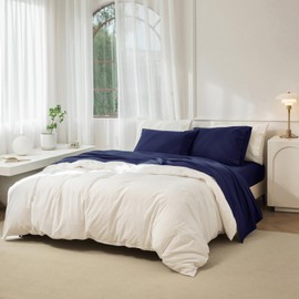 JIYUAN 100% Washed Cotton Sheet Set 4 Pieces Queen,1 Fitted Sheet,1 Flat Sheet and 2 Pillowcases,Comfy and Breathable Linen Like Bedding Set,Navy Blue