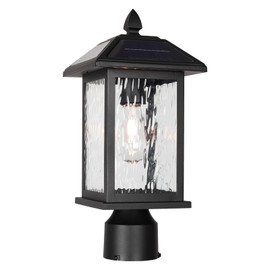 Solar Outdoor Post Light Fixture，Dusk to Dawn Modern Exterior Pillar Lantern with Black Finish & Water Ripple Glass，Waterproof Outside Pole Light for Garden, Backyard, Courtyard