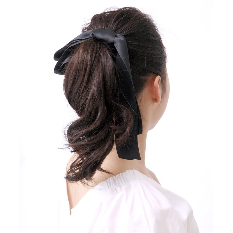 VINGTAINE H7072-BK- Asymmetrical Long Satin Ribbon Hair Clip, Beak Clip,
