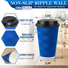 Ginkgo 16 oz Paper Coffee Cups with Lids 60 Pack, Disposable Double Insulated Wall Ripple To Go Travel Hot Beverage Cups (Navy)