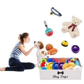 Brabtod Linen-cotton blend dog toy basket and dog toy box, dog toy basket storage - Perfect for organizing pet toys, blankets, leashes, rope toys, clothing - Beige