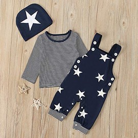 QUNERY Baby Boy Clothes Stripe Long Sleeve Tops Shirts Star Print Dungarees Overalls Pants Cute Hat Fall Outfits blue 3-6 months