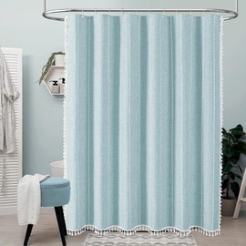 BTTN Boho Farmhouse Shower Curtain, Linen Rustic Weighted Striped Fabric Shower Curtain with Tassel, Water Repellent, Modern Bohemian Vintage Cloth Shower Curtains for Bathroom, Fog Blue, 72x72
