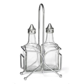 Tablecraft Glass 6 Oz Oil/Vinegar Cruet Set with S/S Tops and Rack