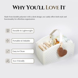 Cherubin Chic Baby Diaper Caddy | Nursery Storage Bin & Baby Caddy Organizer for Diaper Station | Car Shower Basket for Newborn Boy and Girl | Baby Registry Must Have | Newborn Essentials - White