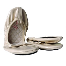 Women's Patent Style Foldable Portable Ballet Flats Shoes - Travel Wedding Foldup Slip On in a Carry Pouch, Creme, 10