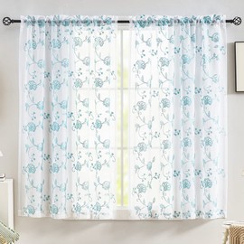 Blue Sheer Curtains Embroidery 63 Inch Length Rod Pocket Voile Drapes for Living room, Bedroom, Window Treatments Semi Flower Pattern Curtain Panels for Kitchen, Yard, Farmhouse, Set of 2, 52"x 63".