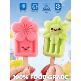 Silicone Small Popsicles Molds with 50 Wooden Sticks, Easy-release Cute Flower Homemade Ice Pop Molds Set, BPA Free (Style A)
