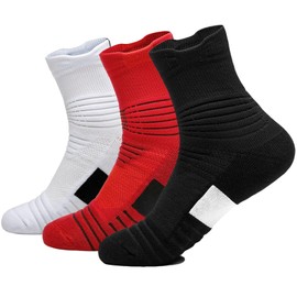 Yoknatt 3 Pack Black White Red Compression Basketball Socks Performance Cushioned Athletic Crew Socks Sports Elite Active Running Cycling Ankle Socks for Women Men