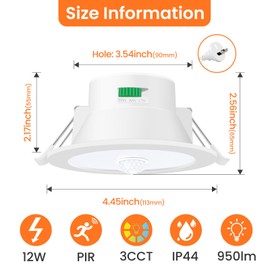 ALUSSO 12W LED Motion Sensor Downlight,3CCT 3000K 4000K 6500K 90-100mm Cutout,IP44 Suitable for Stairway Corridor Balcony,1 PCS,White