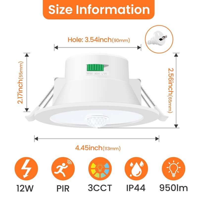 ALUSSO 12W LED Motion Sensor Downlight,3CCT 3000K 4000K 6500K 90-100mm