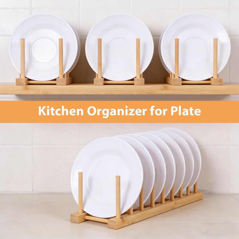 8-Slot Bamboo Wooden Plate Rack, Dish Drying Rack & Pot