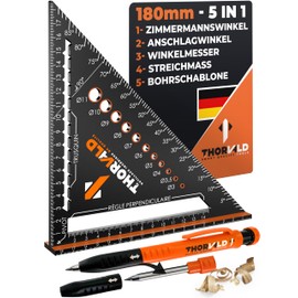 THORVALD Zimmermannswinkel 5-in-1 - Protractor Try Square + Deep Hole Marker - Aluminium Angle with 180 mm Side Length for Precise Marking & Drawing / Multifunctional Perfect to Save Time