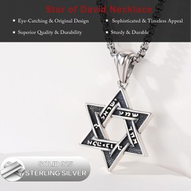 Lfkk Star of David Necklace 925 Sterling Silver Jewish Star Magen David Pendant Yhvh Yhwh Jehovah Yahweh Hebrew Jewelry with 22"+2" Rolo Chain