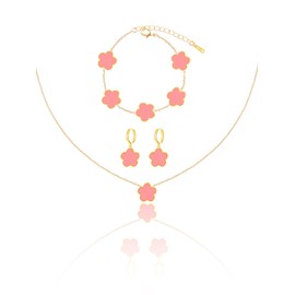 Qinpan Gold Plated Five Leaf Clover Necklace Bracelet and Dangle Earrings Set for Women Lucky Flower Jewelry, 13*13mm, Stainless Steel, No Gemstone