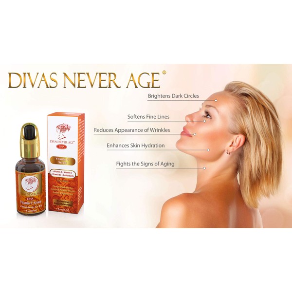 Divas Never Age Vitamin C Skin Transformation Anti-Aging Serum with Hyaluronic Acid, Vitamins and Antioxidants Plumps and Renews Skin Organic, Natural, Vegan, and Cruelty-Free 1 Fl. Oz