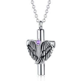 LuxglitterLin Angel Wing Cross Urn Necklace for Ashes Feb Birthstone Stainless Steel Cremation Jewelry Women Men