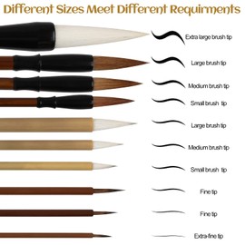 Weysoo 10 Pcs Calligraphy Brush, Chinese Calligraphy Set Mixed Sizes Chinese Calligraphy Brush for Watercolour painting Drawing Kanji Japanese Writting (with Brush Bag)
