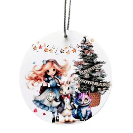 Xmas Alice In Wonderland - Christmas Tree Flat Bauble Hanging Decoration Keepsake Gift With Organza Gift Pouch - For Best Friend/Family - Female Gift For Her