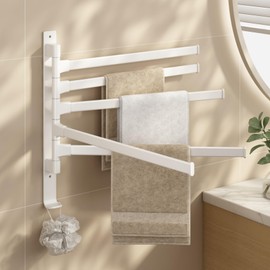 yozhch Kitchen Swivel Towel Rack Wall Mounted, Bathroom Rotating Small Towel Rack, Lavatory Swing Hand Towel Holder Folding Bar, Nail-free or Drilled Mounting Options, 5 Arm Length 32cm White