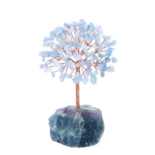 Jovivi Natural Aquamarine Crystal Tree, Raw Healing Crystals Fluorite Base Bonsai Money Tree for Home Office Table Decor Wealth and Luck