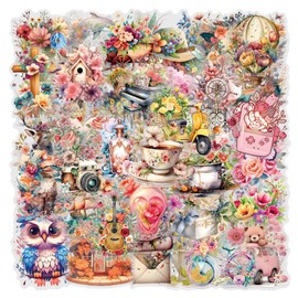 Vintage Watercolor Stickers 60 Pcs Watercolor Floral & Cute Elements Stickers for Kids,Waterproof PET Decals for Scrapbooking,Journaling & DIY Crafts
